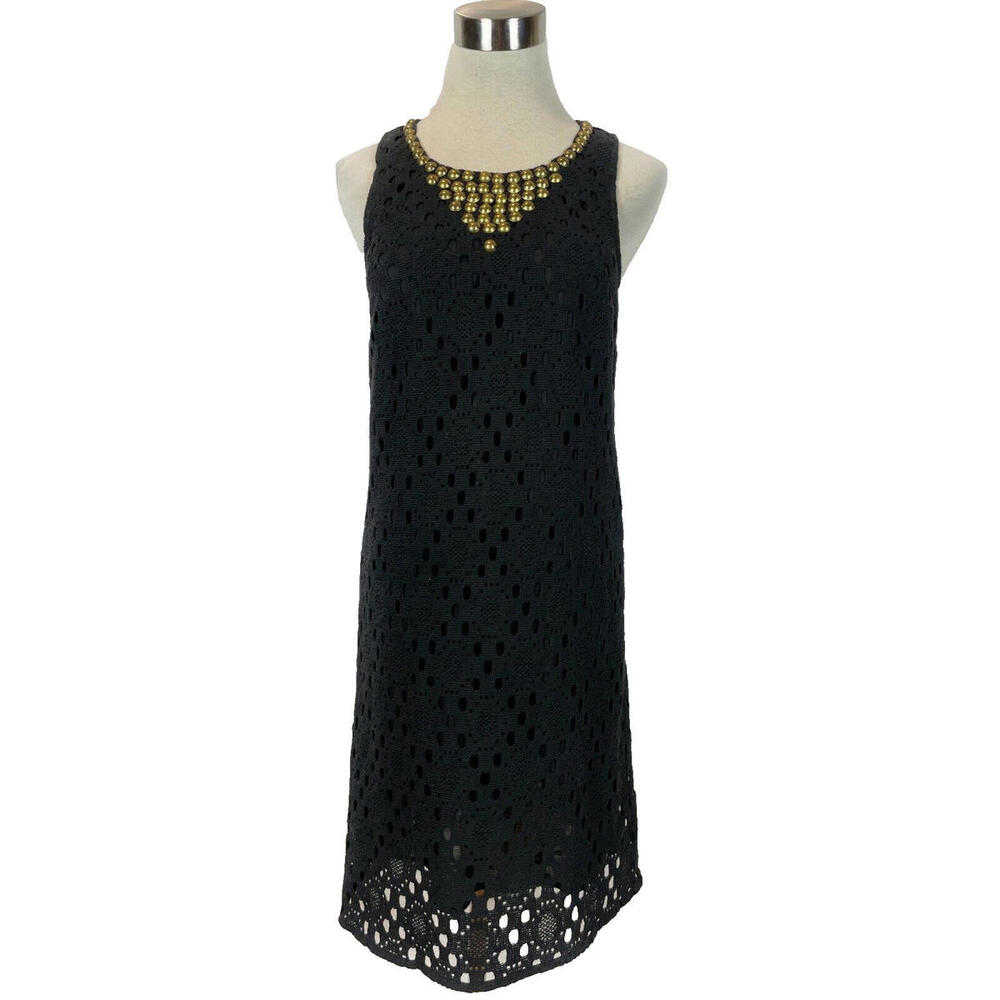 Trina Turk Womens Black Crochet Gold Beaded Dress Sz
